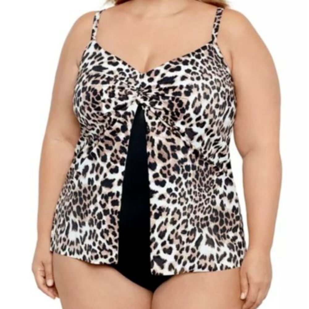 Swim Solutions Leopard Print Tummy Control One Piece Swimsuit Plus Size 18W